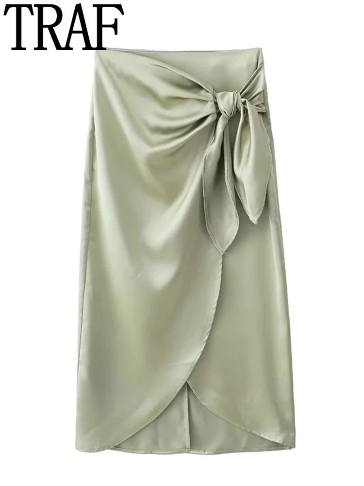 

TRAF Wrap Satin Skirt Women High Waist Midi Skirt With Slit Knot Elegant Long Skirts Summer Woman 2022 Fashion Split Skirt