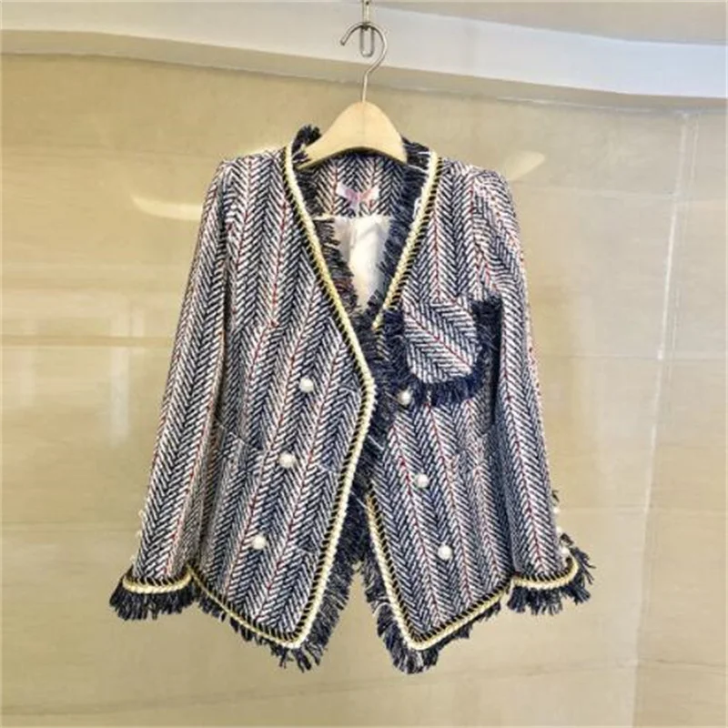 Spring autumn jacket women's blue handsome age-reducing striped temperament V-Neck tassel short coats double-Breasted clothes