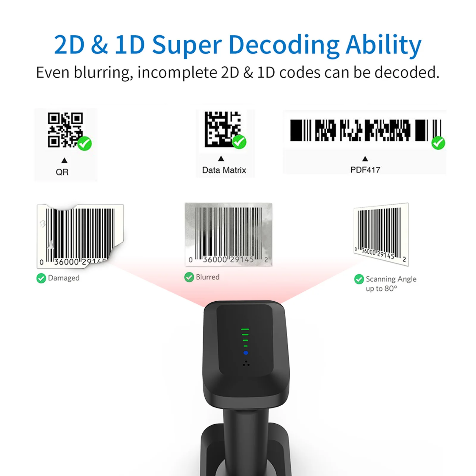 Сканер штрих-кода Symcode MJ-1903-DB 2D 2.4G Bluetooth с индикатором уровня зарядки и зарядной
