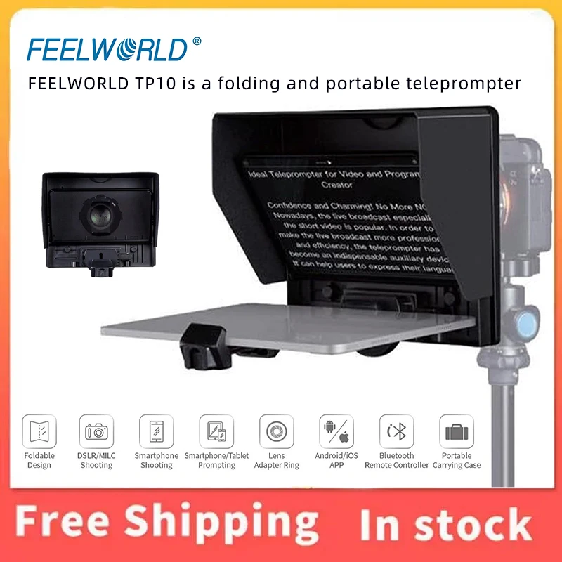 Фото Портативный складной телесуфлер FEELWORLD TP10 с диагональю 10 дюймов, поддерживает смартфоны и планшеты до 11 дюймов, с пультом дистанционного управления и адаптером для объектива №1