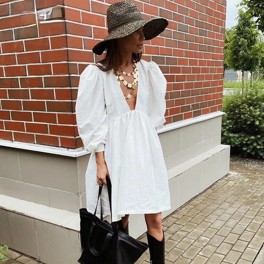 

Women Puff Sleeve V Neck Black Party Dresses White Buttons Long Sleeve Autumn VestidoNEW 2022 Casual Mini Fit and Flare Dress