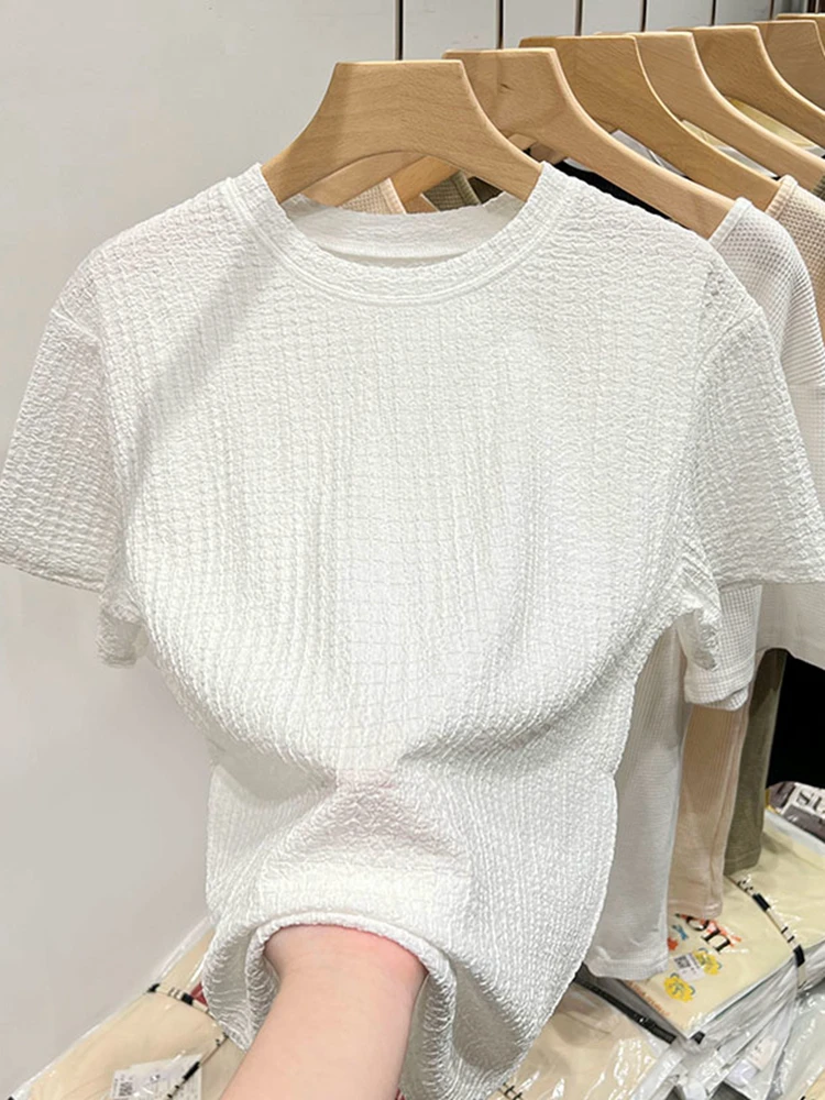 

2023 Summer New Fold Loose Casual Solid Short Sleeve T-shirt for Women