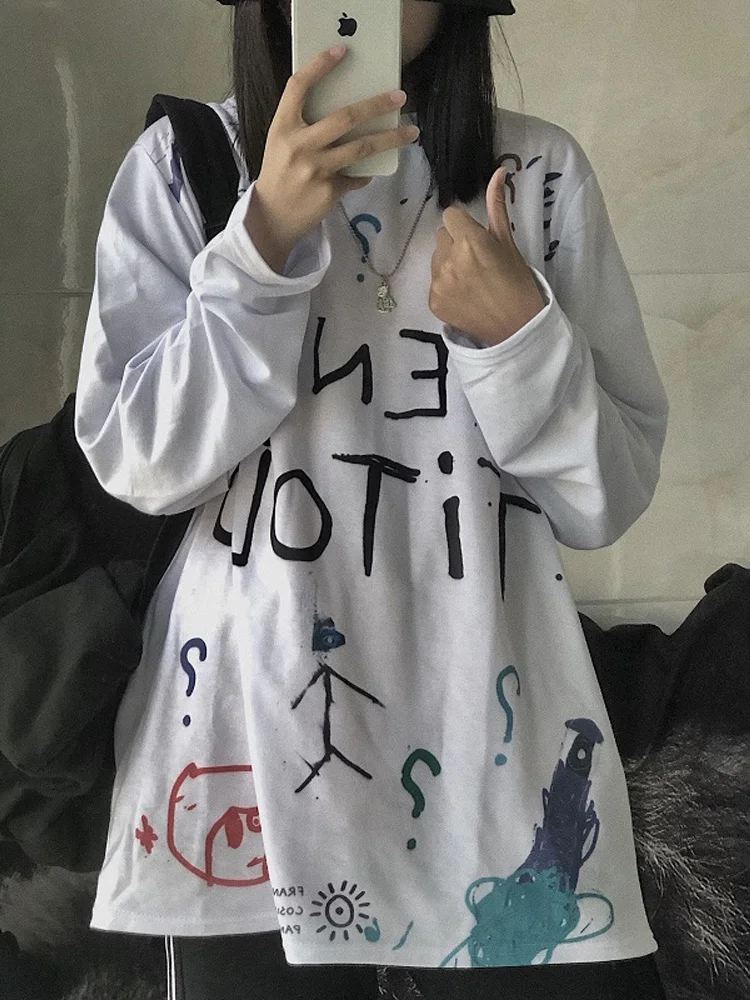 Autumn tshirt Casual Letter Print O-Neck stripe Tees Creativity Loose T-Shirts Women Long Sleeve Oversize top Hip Hop Streetwear