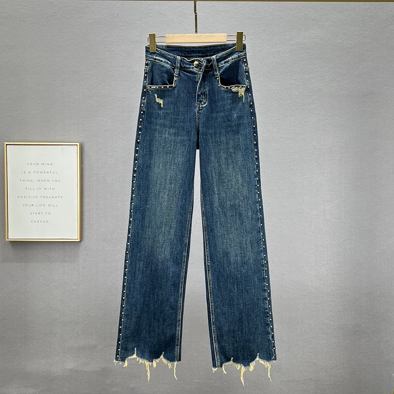 

Loose Jeans for Women 2022 New Autumn Stretchy Wide Leg Trousers High Street Rivet Vintage Denim Pants Office Lady Jean Trouser