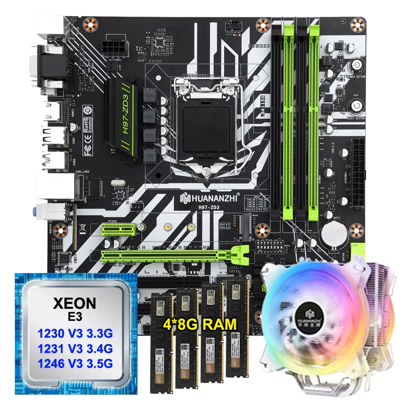 

HUANANZHI H97-ZD3 Motherboard with Xeon Processor E3 1230 1231 1246 V3 CPU Cooler 32G DDR3 RAM VGA+HDMI+DVI Output 5*SATA3.0