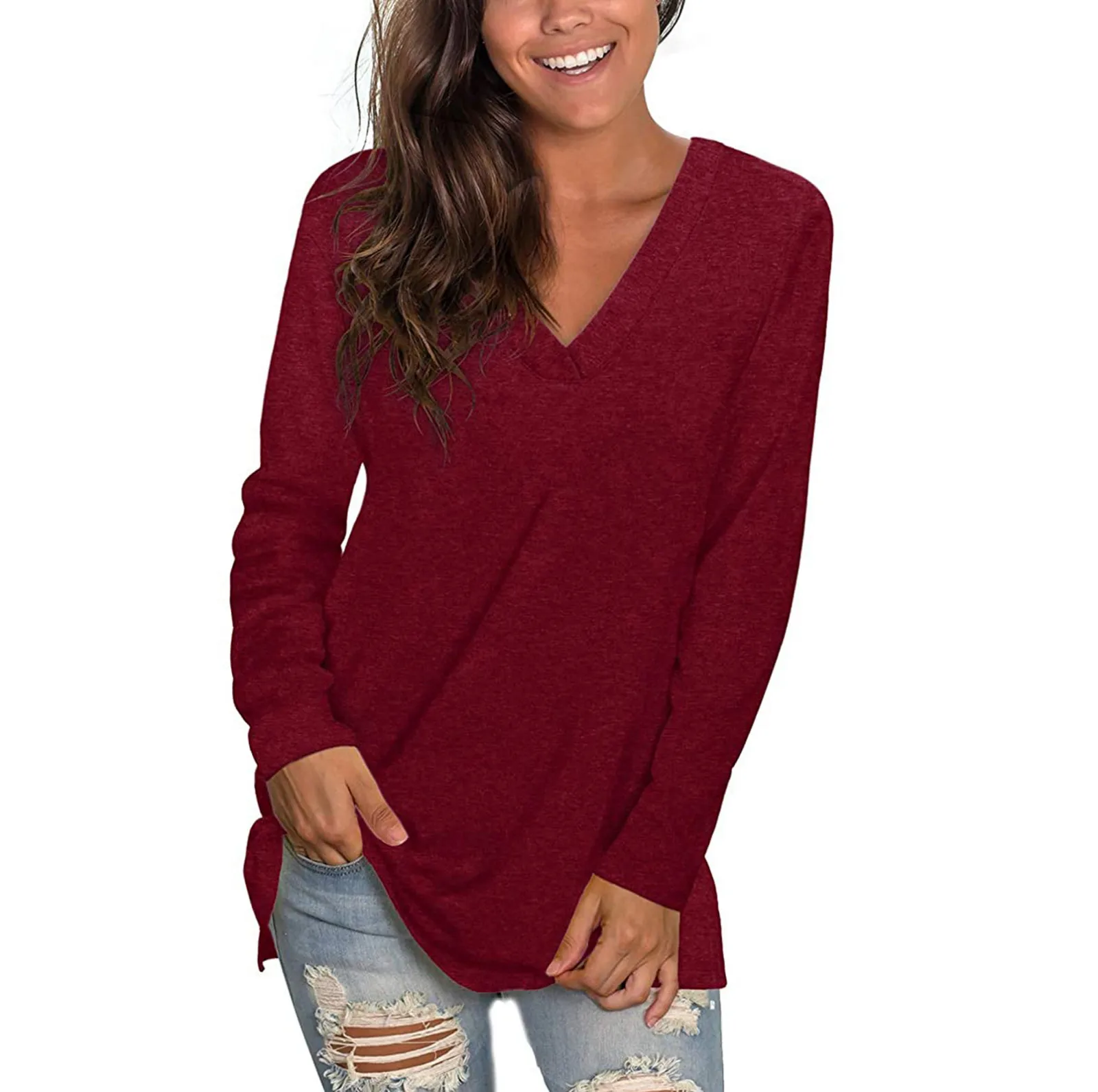 

Blouse Colour Long-sleeved Solid-colour V-neck Women's Pullover Cotton Women's Blouse Long Sleeve Active Tops for Women round