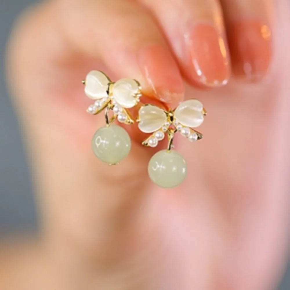 

Girls Trendy Women Lovely Bow Jade Korean Style Earrings Fashion Jewelry Women Dangle Earring Pearl Stud Earring