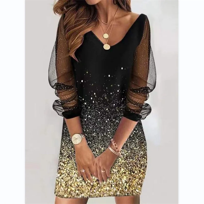 

Elegant Retro Print Sequined Mesh Party Dress Women's Spring And Summer Clothing V Neck Sexy Casual Vestidos Long Sleeve Dresses