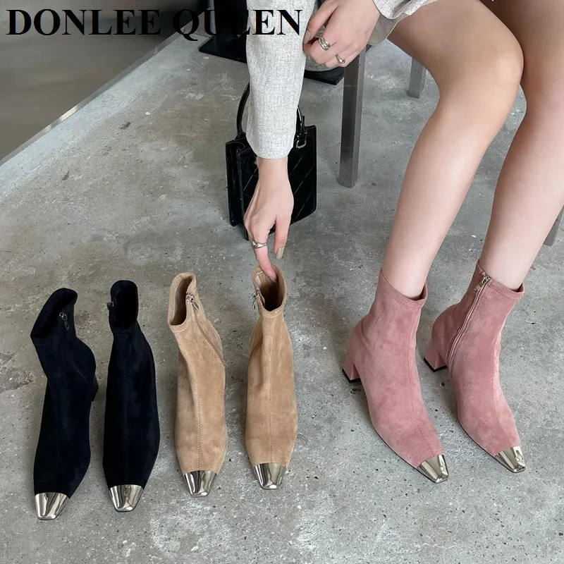 

Fashion Metal Square Toe Thick Heels Boots Women Elegant Chelsea Ankle Boots Booties Female Elasticity Ladies Winter Shoes Muje