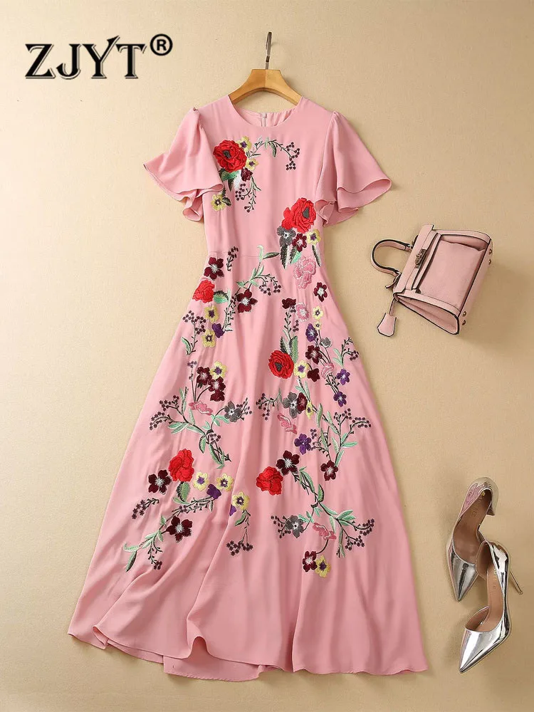 

ZJYT Women Runway Designer Floral Embroidery Dress Summer 2023 Fashion Short Sleeve Mid Calf Holiday Casual Party Vestidos Lady