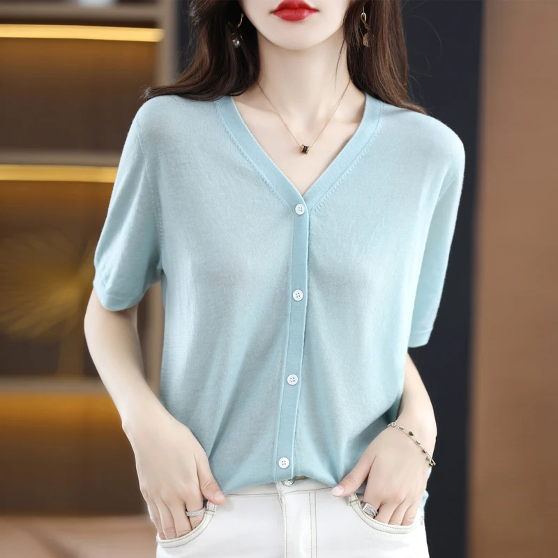 

Worsted T-shirt Ladies V-neck Cardigan Short Sleeve Casual Knit Loose Vest Summer New Solid Color Top Fashion Tee Thin Section