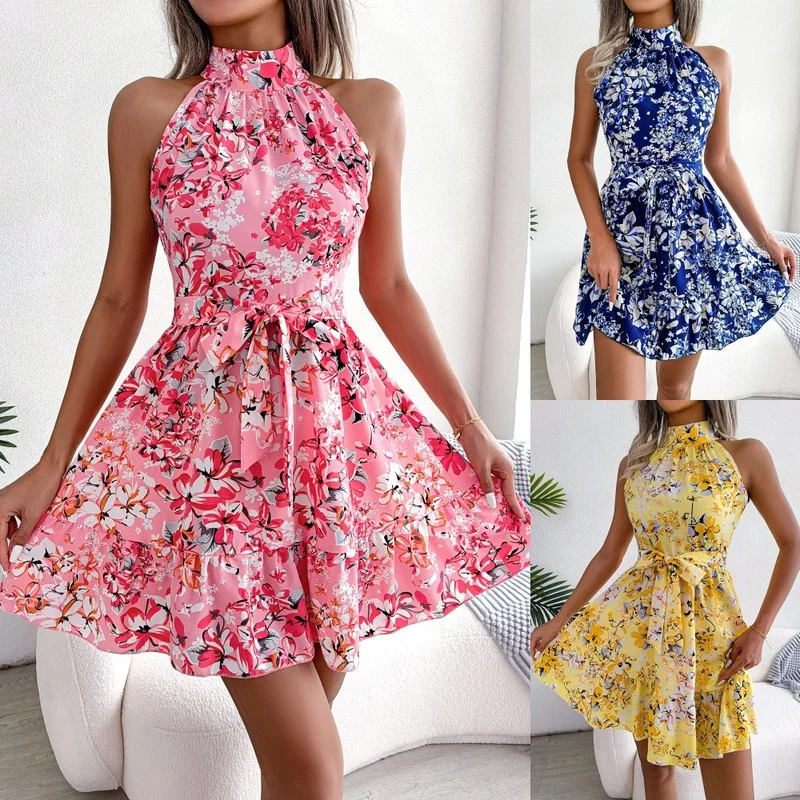 

Summer Women's Dresses Flower Print Fashion Casual Round Neck Sleeveless Dress