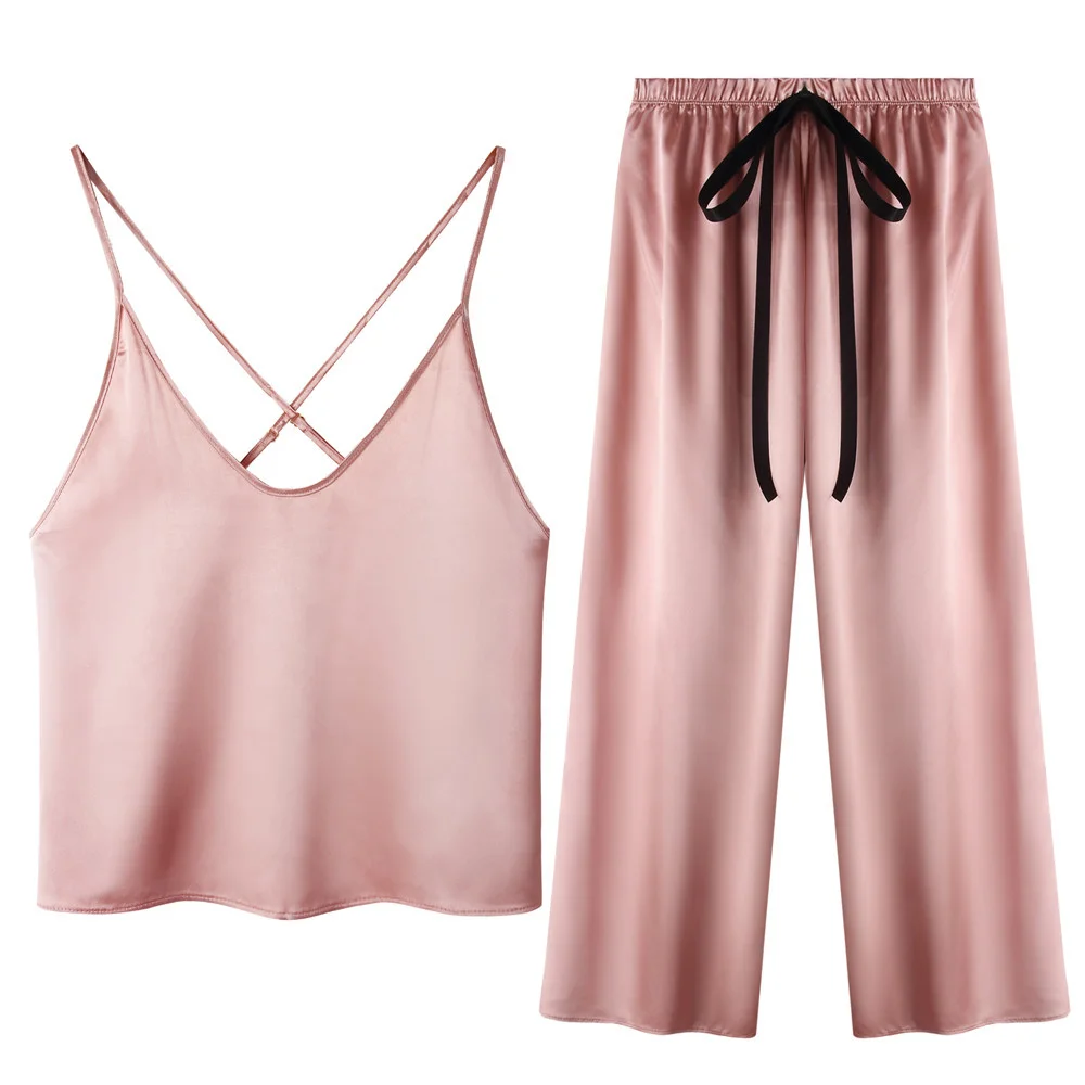

Womens Satin Pajama Set Sexy Pyjamas Criss Cross Back Camisole Pant Set Bow Nightwear Soft Loungewear