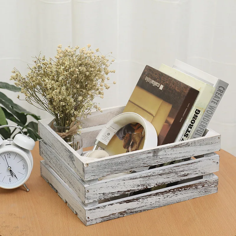 

Creative Household Wooden Rectangular Storage Basket with Rope Handle Vintage Rustic Hollow Out Organizer Bin Box Crates