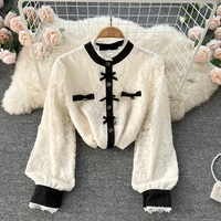 j girls fashion lace shirts women spring hit color stand collar all match top female puff sleeve single breasted elegant blouse