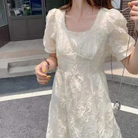 2022 summer square collar korean white casual dress high wasit a line pleated mid dress regular pullover office dress for lady