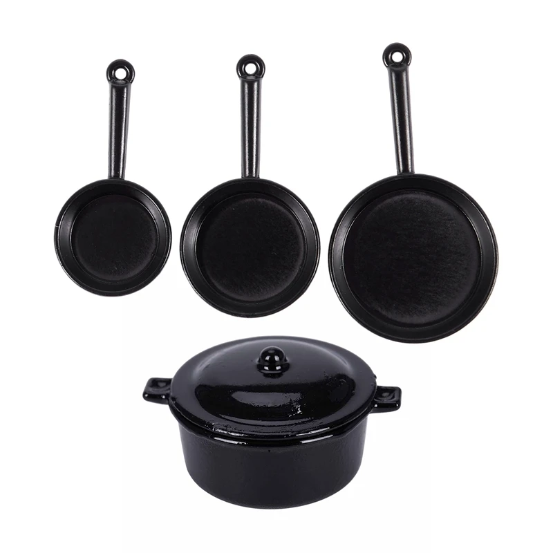 3Pcs 1/12 Scale Dollhouse Metal Frying Pans Cooking Pot Cookware With 1Pcs Miniature Kitchen Utensil Cookware Casserole Dish Ste