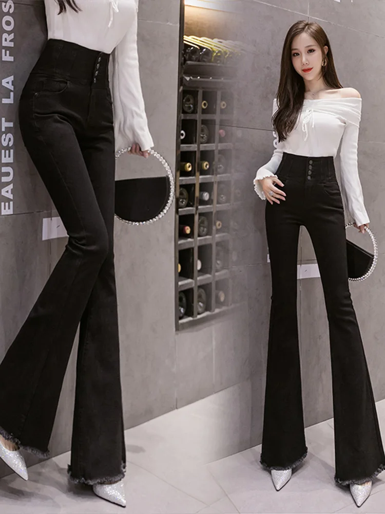 

Fashion Women's Jeans 2023 Autumn New High Waist Slimming Tight-breasted Raw Edge Stretch Flared Trousers Korean Women Clothing