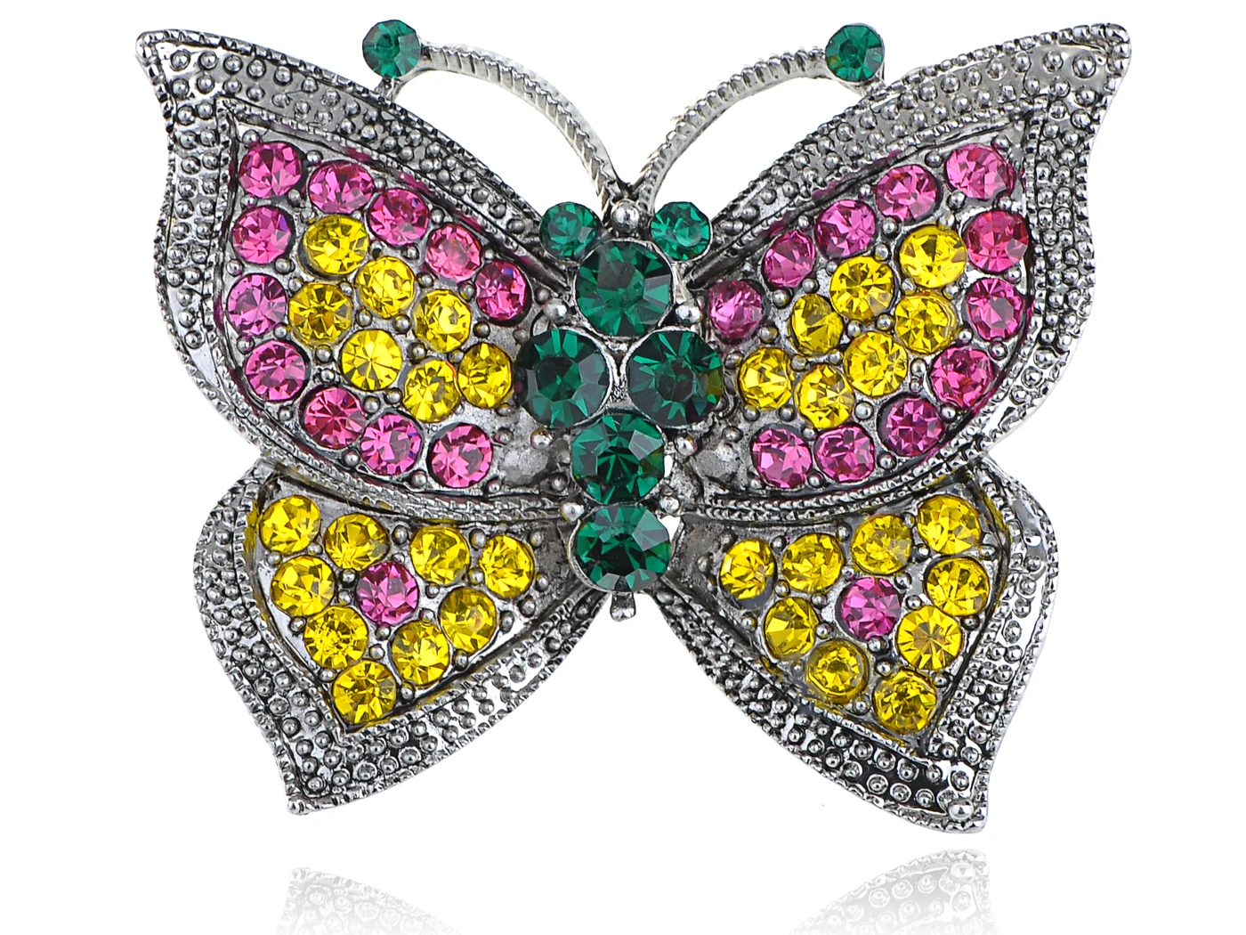

Fuchsia Pink Green Synthetic Lime Crystal Rhinestone Flirty Fun Butterfly Love Pin Brooch