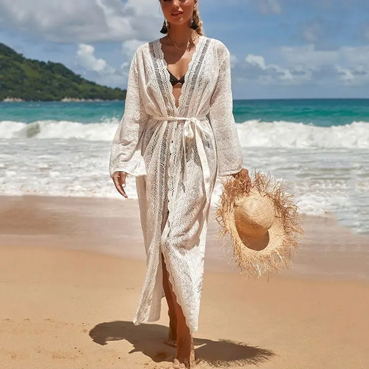 

TEELYNN Lace Patchwork Bikini Cover Up Sexy White Chiffon Tunic Dresses Long Cardigan Summer Blouses Women Beach Wear Swimsuit