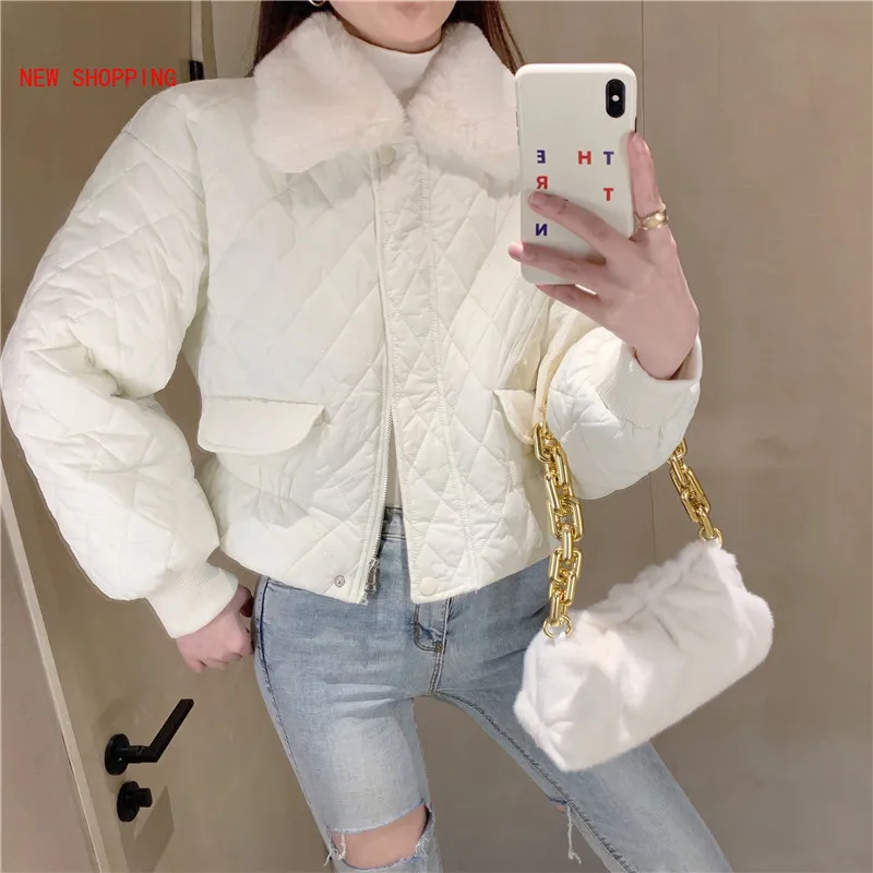 2022 Padded Plaid Argyle Parkas Women Winter Faux Fur Collar Loose Short Jackets Female Warm Oversize Coats Causal Streetwear