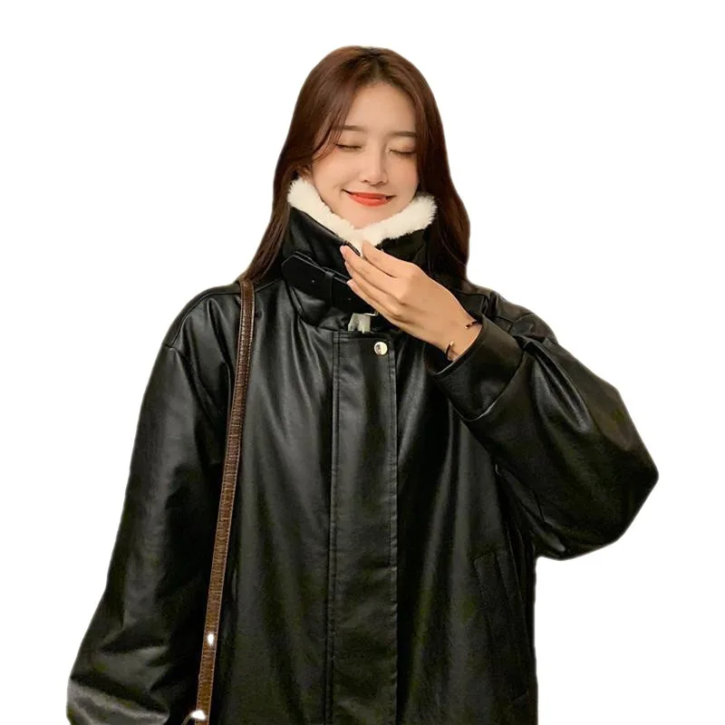 Autumn  winter 2022 Korean fashion loose plush thickened medium long faux fur wool long sleeved PU leather coat for women