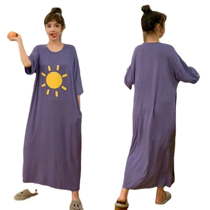 Loose Pajamas for Women Nightdress Night Gown Round Neck Cute Cartoon Mid-length Over-the-knee Longewear Vestidos Mujer Dress