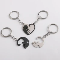 2pcsset cute animal black white cat couple keychains love heart round stainless steel pendants key chain valentines day gift