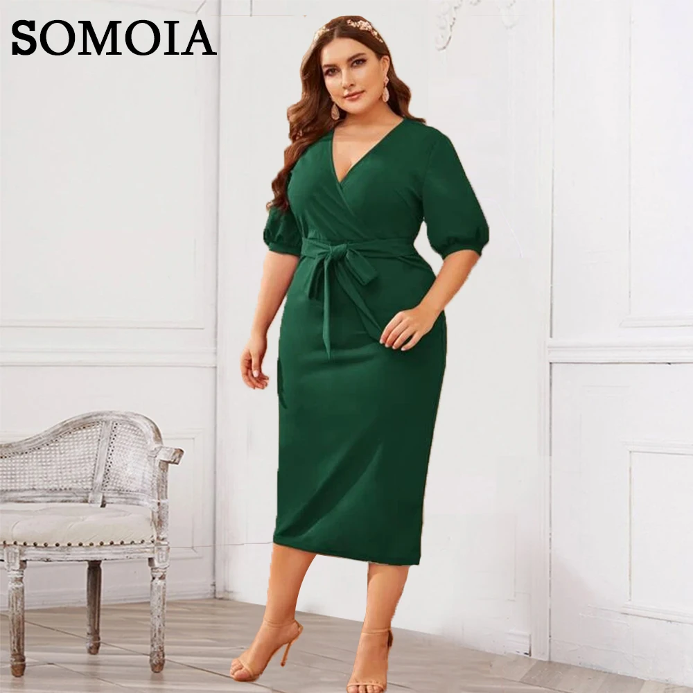 

SOMOIA Plus Size Slim Green Dress 5XL 6XL Straight Solid Sexy V-Neck Dress Wedding Dinner Party Dresses Wholesale Dropshipping