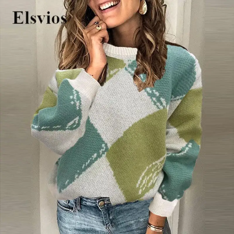 

Casual Autumn O Neck Pullover Jumper Women Fashion Long Sleeve Winter Pullover Tops Female Patchwork Plaid Color Knitted Sweater