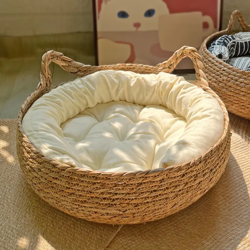 

YOKEE Cat Bed Four Season Cat Scratching Board Rattan Washable Rabbit Litter Cat Supplies Woven Removable Cushion Sleeping House