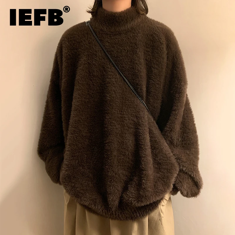 

IEFB Thickened Sweater Long Sleeve Men Pullover Loose Casual Solid Mohair 2023 Autumn Winter High Neck Male Tops Casual 9A6287
