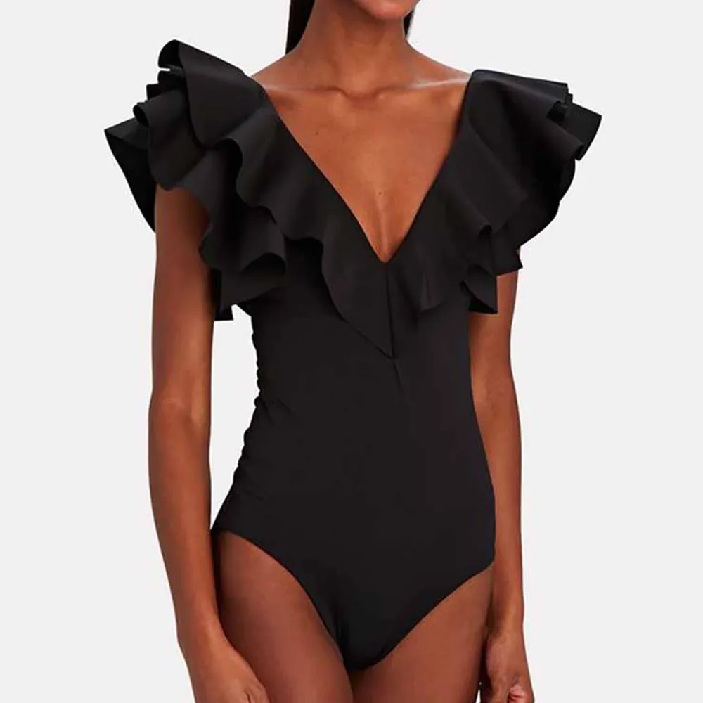 

Однотонный Цельный купальник с V-образным вырезом, оборками, высокой талией, без спинки, бикини, купальник, лиф для женщин, стринги, купальный костюм