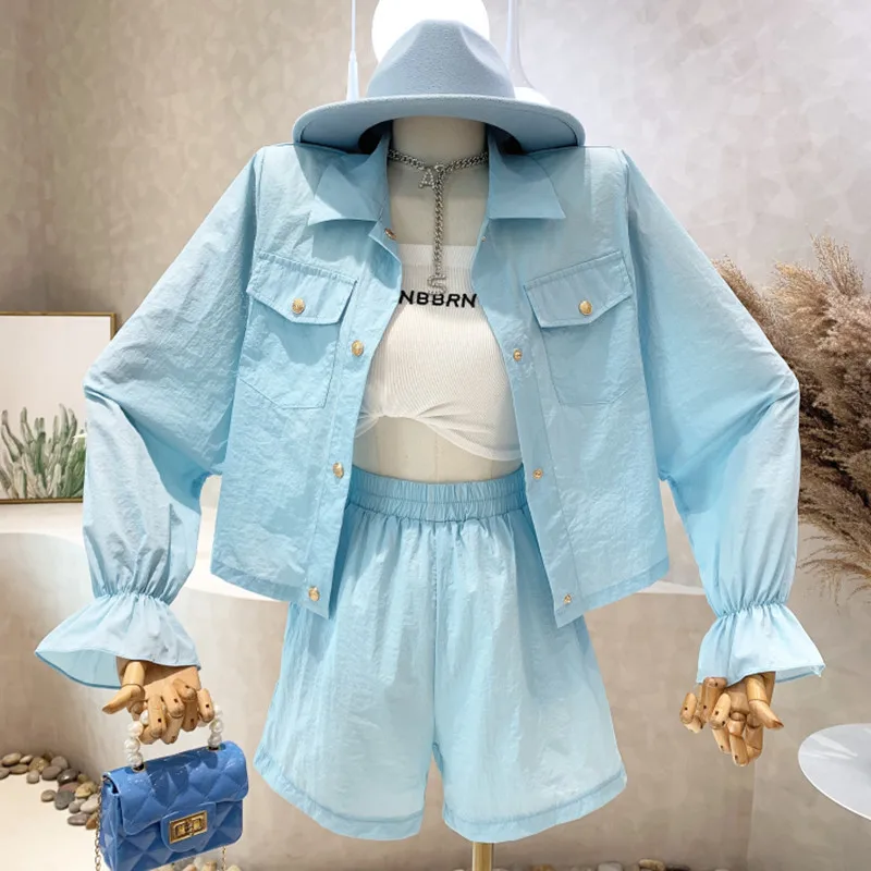 

New Women's Clothing 2022 Summer Long sleeve loose thin sunscreen Shirt Top + high waist and wide leg shorts two-piece set