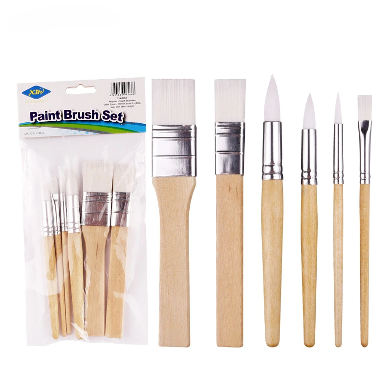 

6-piece White Nylon Hair Short Pole Oil Brush Set Birch Pole Art Acrylic Watercolor Painting Multi-model Brushes