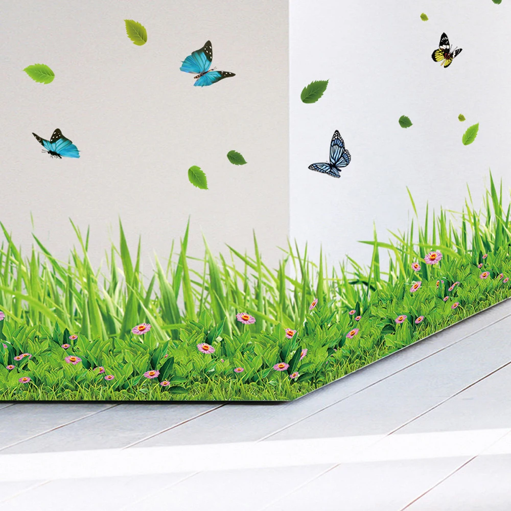 

DIY Baseboard Wall Stickers Waterproof Spring Butterfly Flower Green Grass Skirting Mural Decal Kids Room Dinning Room Decor