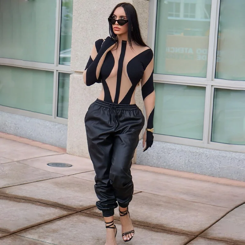 

Zabrina Women Patchwork Trasksuit Bodysuit Black Rave Club Outfits Long Sleeve Body Top With Gloves Transparent Mesh Sexy