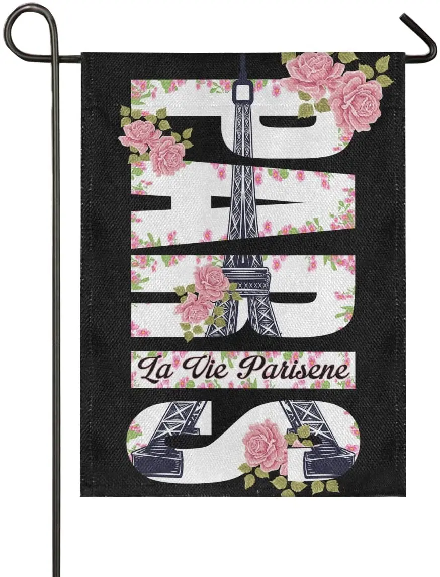 

Paris Eiffel Tower Rose Flower Garden Flag Welcome Home House Flags Double Sided Yard Banner Outdoor Decor Banner for Outside Ho