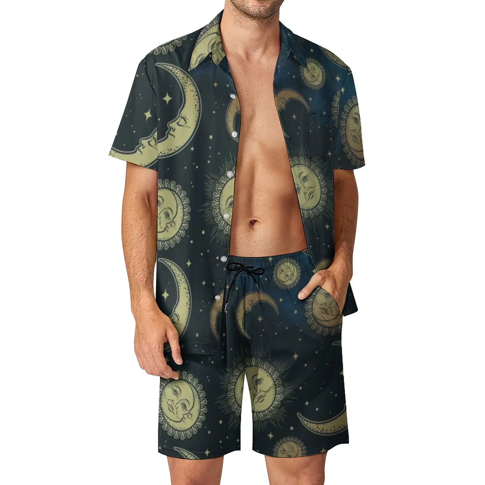 

Symbol Vintage Celestial Night Men Sets Sun Moon And Stars Casual Shorts Beachwear Shirt Set Short Sleeve Print Plus Size Suit