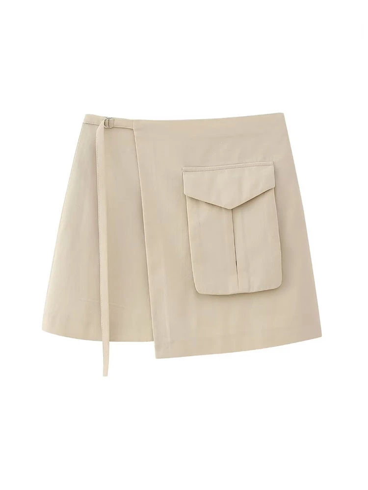 TRAF Women Fashion with Tied Patch Pocket Cargo Shorts Skirts Vintage High Waist Side Zipper Female Skort Mujer Casual Clothes
