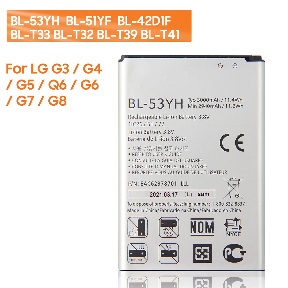 Original-Ersatz Telefon Batterie BL-53YH BL-51YF BL-42D1F BL-T33 BL-T32 BL-T39 BL-T41 Für LG G3 G4 G5 Q6 G6 mini G7 g8 ThinQ +