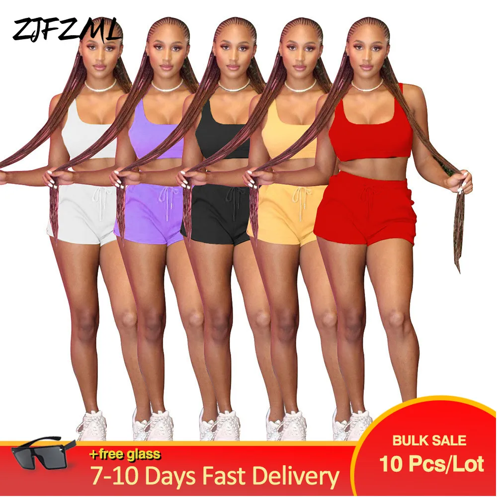 

Bulk Items Wholesale Lots 2 Piece Set Summer Women's Ribbed Sweatsuits Sleeveless Tank Crop Top and Drawstring Waist Biker Short