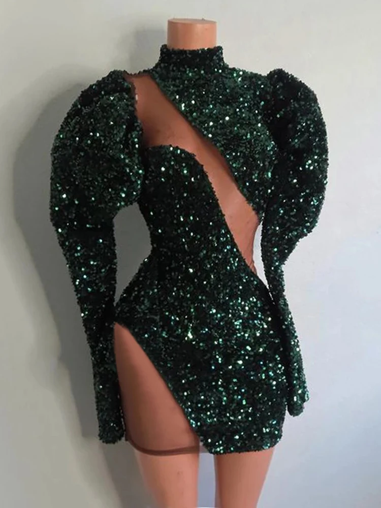 

Sexy Fashion Green High Neck Sheath / Column Cocktail Party Dress Long Sleeve Asymmetrical Mini Length Pleat Sequin