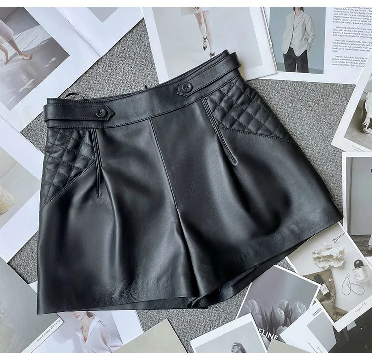 2022 New Autumn and Winter Sheepskin Leather Shorts Women High Waist All-match Thin Wide-leg Shorts G15