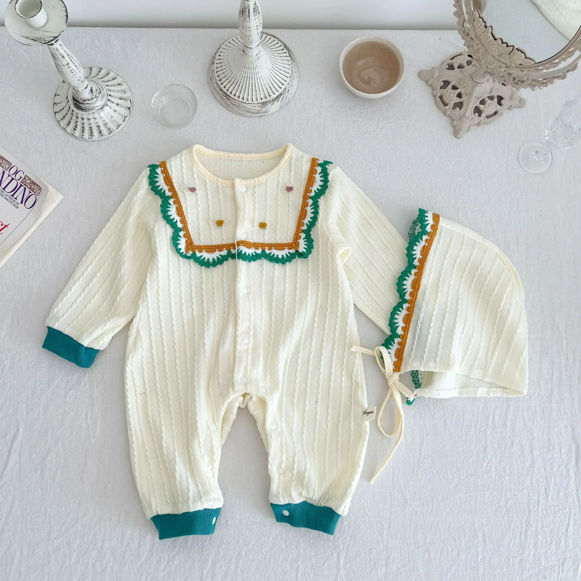 

2022 Autumn New Toddler Girl Pit Striped Cardigan Long Sleeve Romper And Lace Drawstring Hat Infant Boy Cotton Jumpsuit Clothing