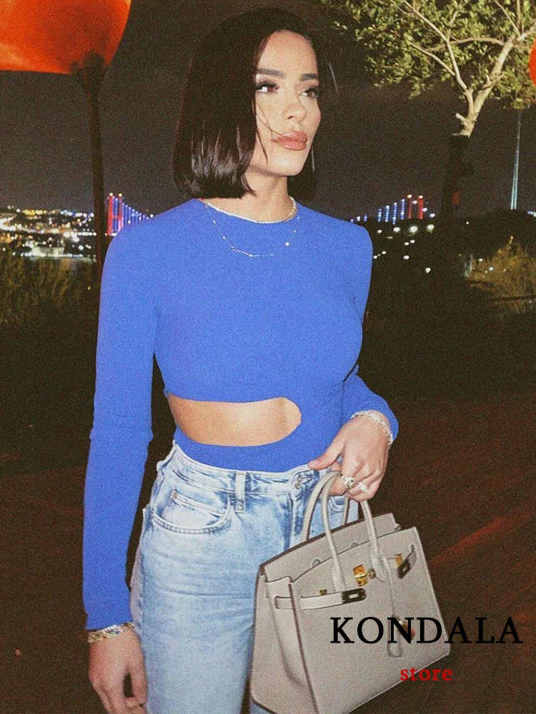 

KONDALA Y2K Sexy Blue Bodysuits Women Long Sleeve Front Hole Slim Girl Tops Fashion 2022 Streetwear Pleated Women Jumpsuits