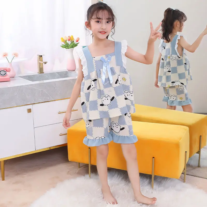 

Sanrio Kawaii полако с бантом с коротким рукавом пижама костюм милый мультфильм Cinnamoroll летняя Домашняя одежда комплект из двух частей игрушки для ...