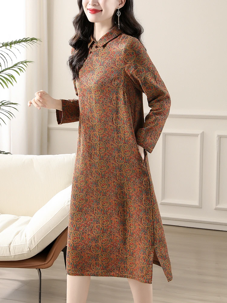 Middle-Aged Mom Temperament Dress Women 2024 Fashion New Autumn clothes Small Lapel Print Retro Sense Midi dress