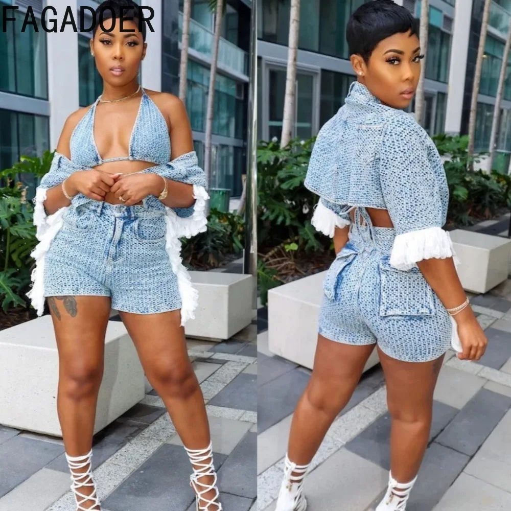 Женский джинсовый комплект из трех предметов с коротким рукавом и шортами