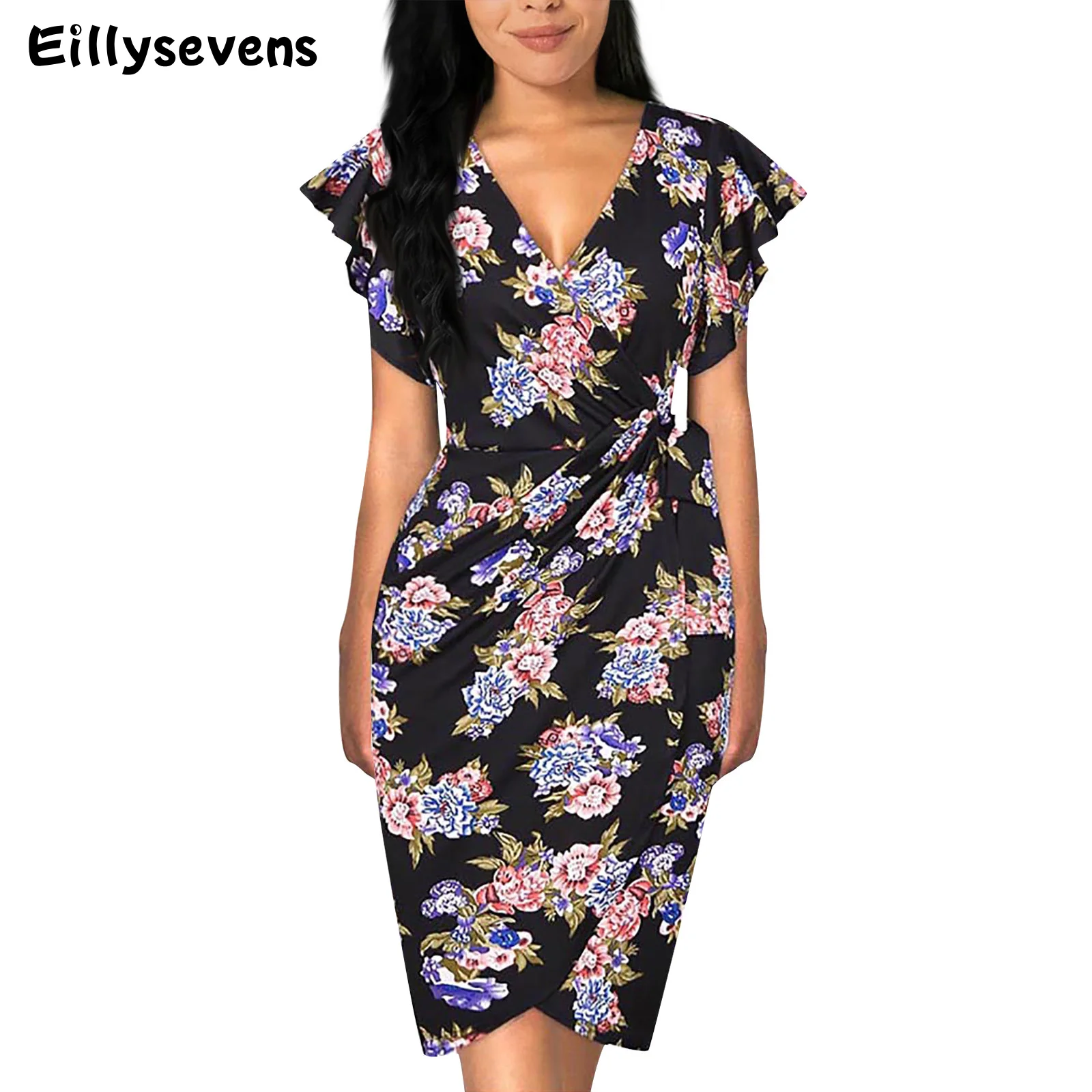 Elegant Women's Party Dress Summer V-Neck Ruffle Cocktail Dress Fashion Floral Print Sleeve MIdi Dress Sukienki Damskie